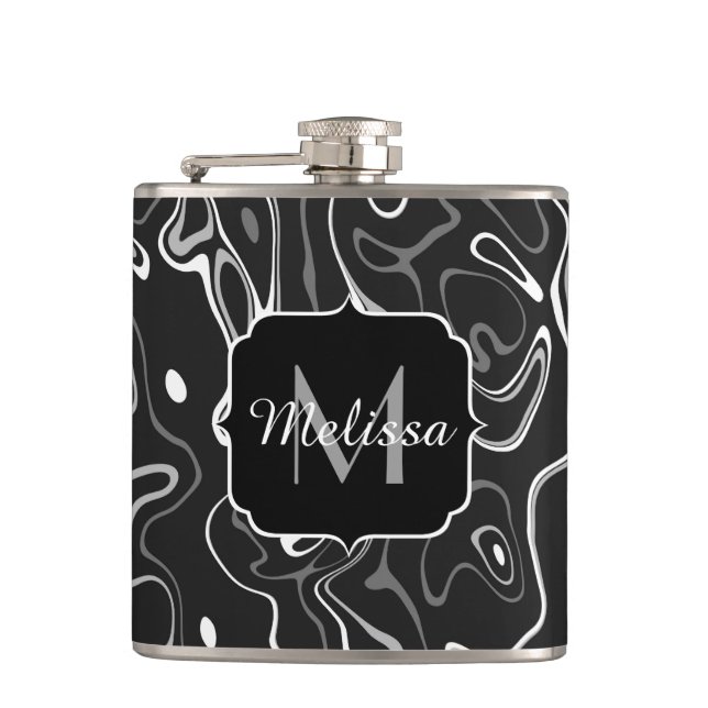 Black white gray damascus abstract swirls Monogram Flask (Front)