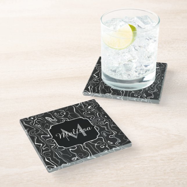Black white gray damascus abstract swirls Monogram Glass Coaster (Angled)