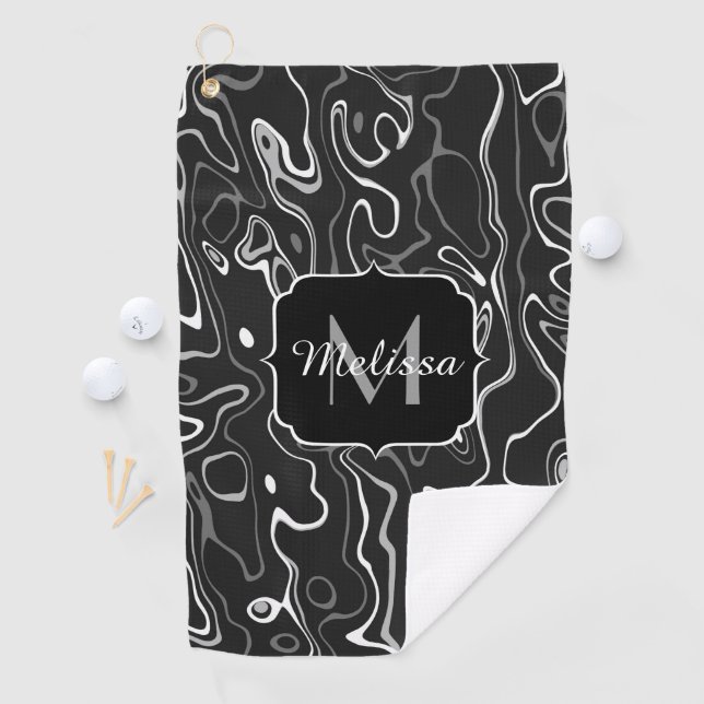 Black white gray damascus abstract swirls Monogram Golf Towel (InSitu)