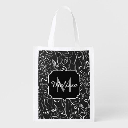 Black white gray damascus abstract swirls Monogram Grocery Bag