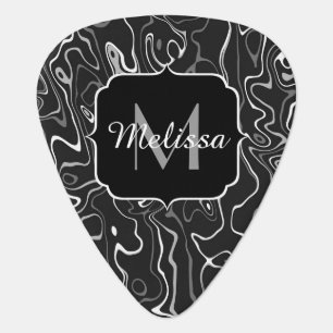 Black white gray damascus abstract swirls Monogram Guitar Pick