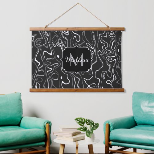 Black white gray damascus abstract swirls Monogram Hanging Tapestry