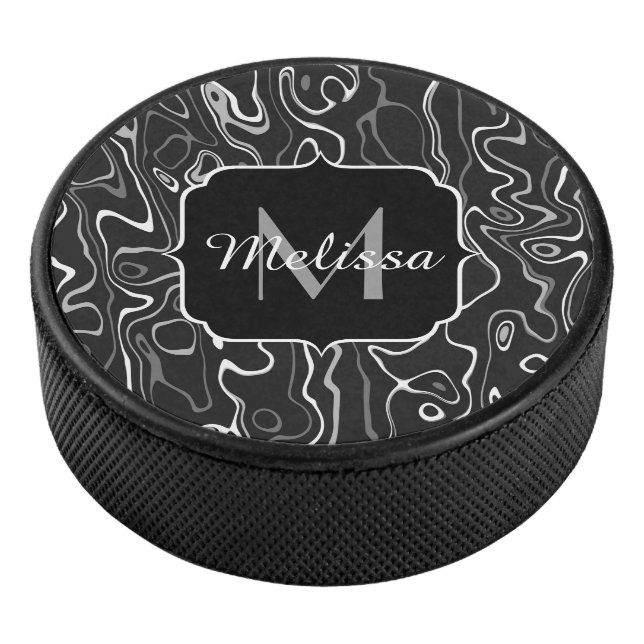 Black white gray damascus abstract swirls Monogram Hockey Puck (3/4)