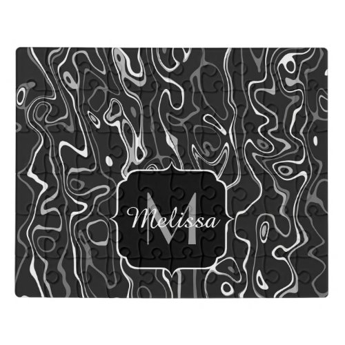 Black white gray damascus abstract swirls Monogram Jigsaw Puzzle