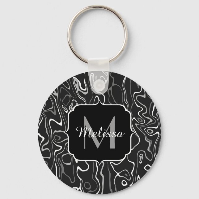 Black white gray damascus abstract swirls Monogram Keychain (Front)