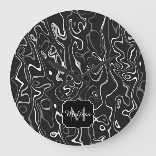 Black white gray damascus abstract swirls Monogram Large Clock