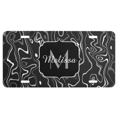 Black white gray damascus abstract swirls Monogram License Plate