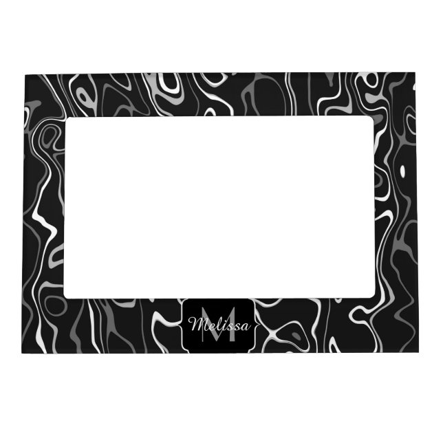 Black white gray damascus abstract swirls Monogram Magnetic Frame (Front)