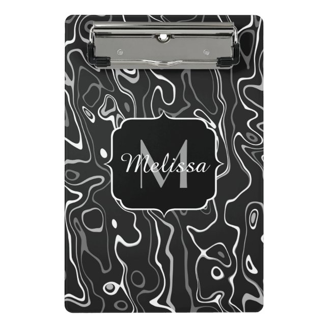 Black white gray damascus abstract swirls Monogram Mini Clipboard (Front)