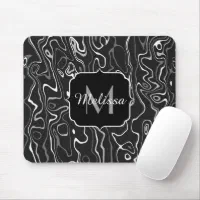 Black white gray damascus abstract swirls Monogram Mouse Pad