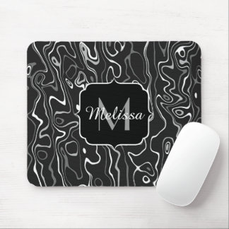 Black white gray damascus abstract swirls Monogram Mouse Pad