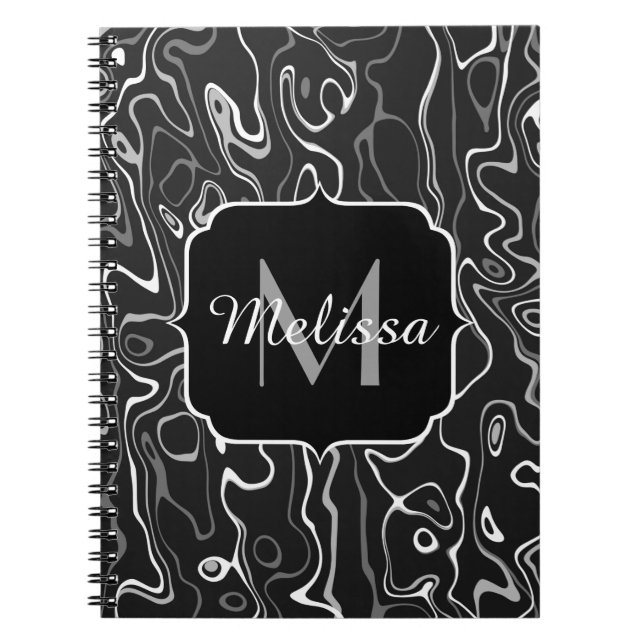 Black white gray damascus abstract swirls Monogram Notebook (Front)