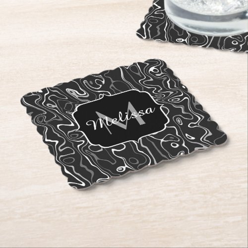 Black white gray damascus abstract swirls Monogram Paper Coaster