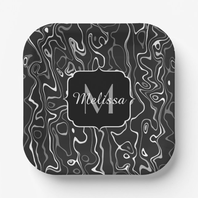 Black white gray damascus abstract swirls Monogram Paper Plates (Front)