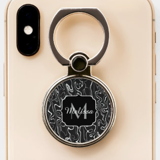 Black white gray damascus abstract swirls Monogram Phone Ring Stand