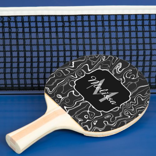 Black white gray damascus abstract swirls Monogram Ping Pong Paddle