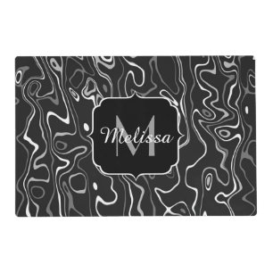 Black white gray damascus abstract swirls Monogram Placemat