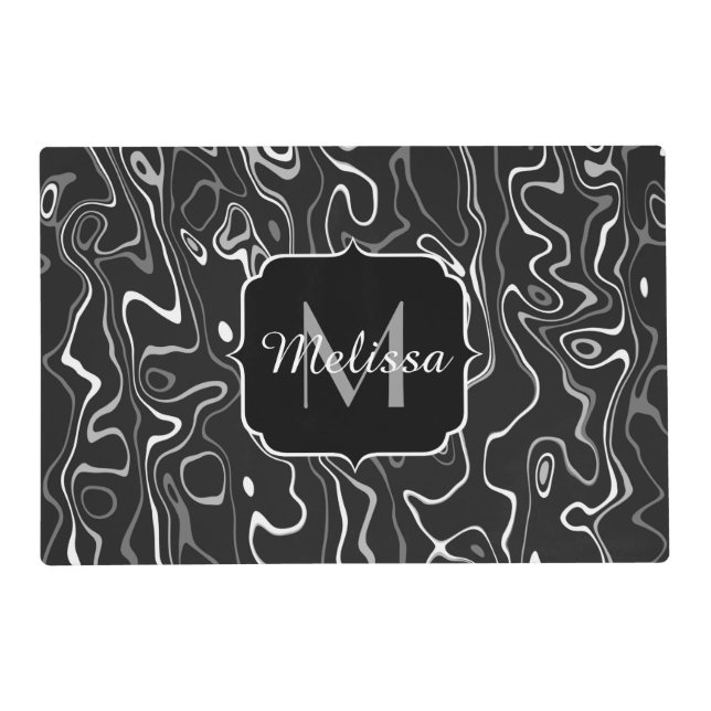 Black white gray damascus abstract swirls Monogram Placemat (Front)