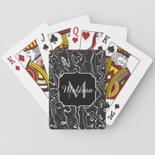 Black white gray damascus abstract swirls Monogram Playing Cards