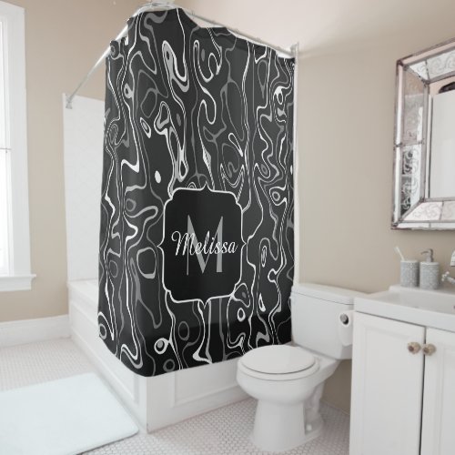 Black white gray damascus abstract swirls Monogram Shower Curtain