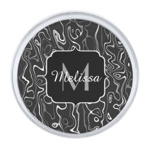 Black white gray damascus abstract swirls Monogram Silver Finish Lapel Pin