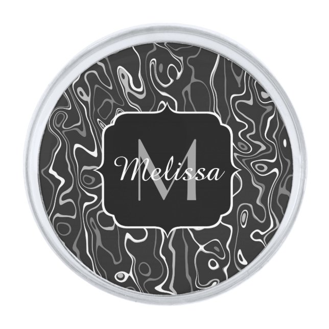 Black white gray damascus abstract swirls Monogram Silver Finish Lapel Pin (Front)
