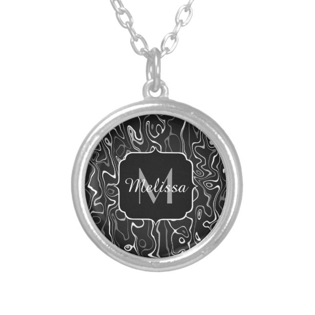 Black white gray damascus abstract swirls Monogram Silver Plated Necklace (Front)