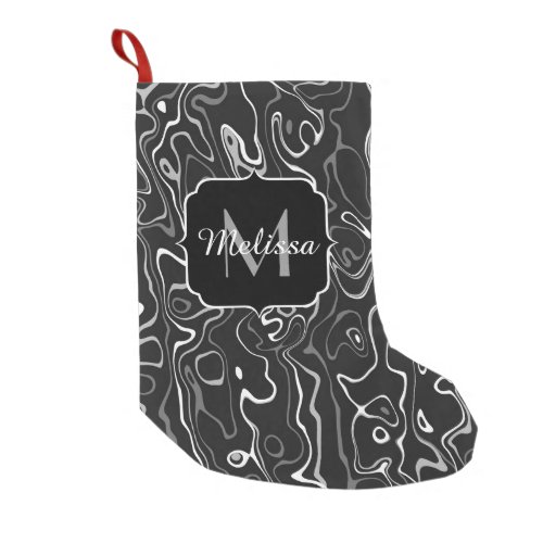 Black white gray damascus abstract swirls Monogram Small Christmas Stocking