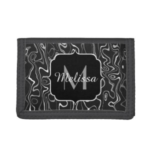 Black white gray damascus abstract swirls Monogram Trifold Wallet