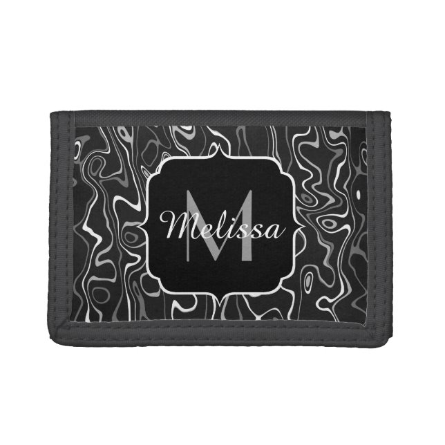 Black white gray damascus abstract swirls Monogram Trifold Wallet (Front)