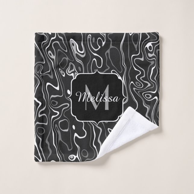 Black white gray damascus abstract swirls Monogram Wash Cloth (Wash Cloth)