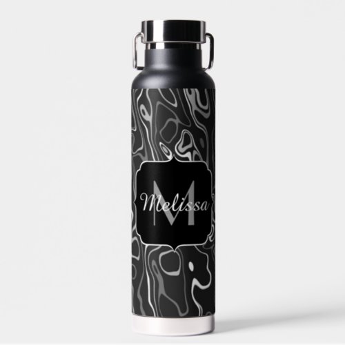 Black white gray damascus abstract swirls Monogram Water Bottle