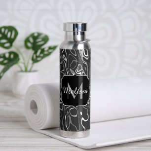 Black white gray damascus abstract swirls Monogram Water Bottle