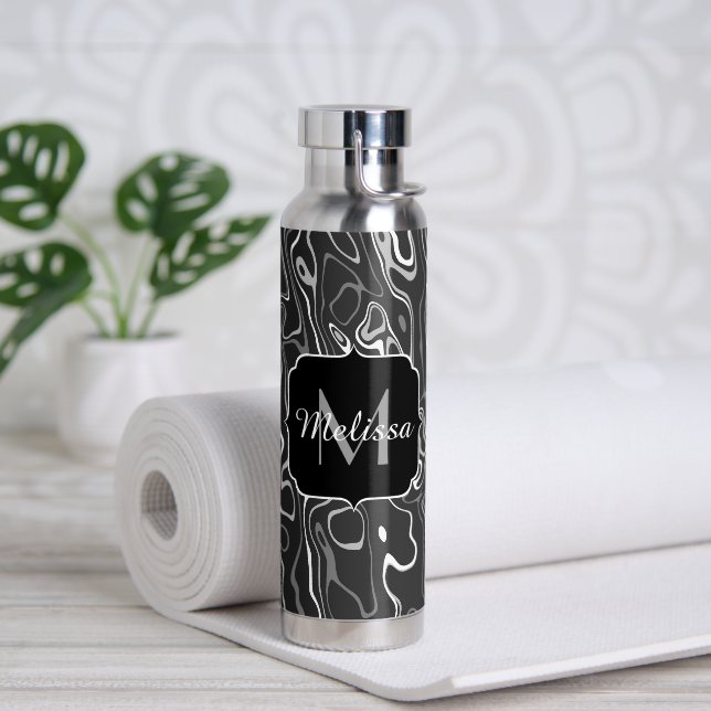 Black white gray damascus abstract swirls Monogram Water Bottle (Yoga (Rotated))
