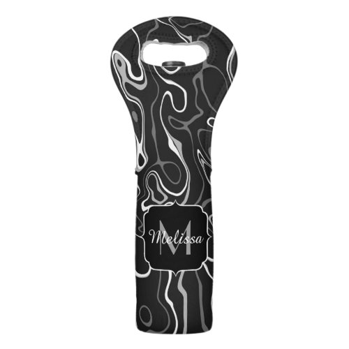 Black white gray damascus abstract swirls Monogram Wine Bag