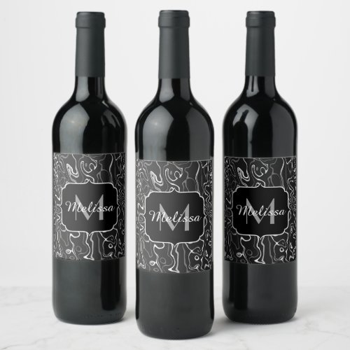 Black white gray damascus abstract swirls Monogram Wine Label