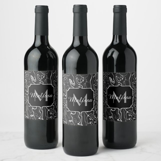 Black white gray damascus abstract swirls Monogram Wine Label (Bottles)