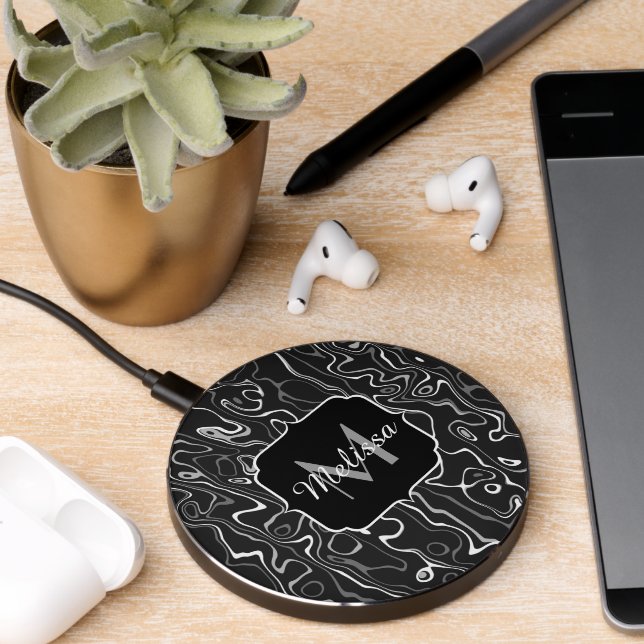 Black white gray damascus abstract swirls Monogram Wireless Charger (Desk 2)