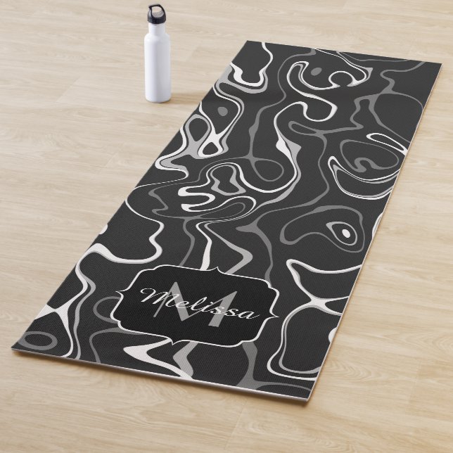 Black white gray damascus abstract swirls Monogram Yoga Mat (In Situ)