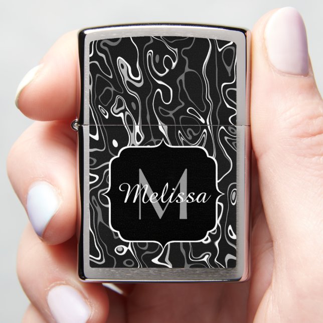 Black white gray damascus abstract swirls Monogram Zippo Lighter (In Hand)