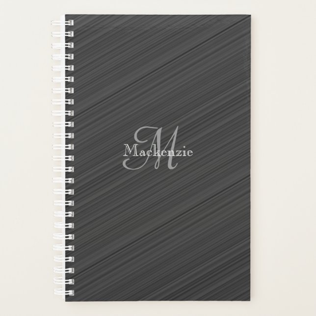 Black White Gray Diagonal Stripes Custom Monogram Planner (Front)