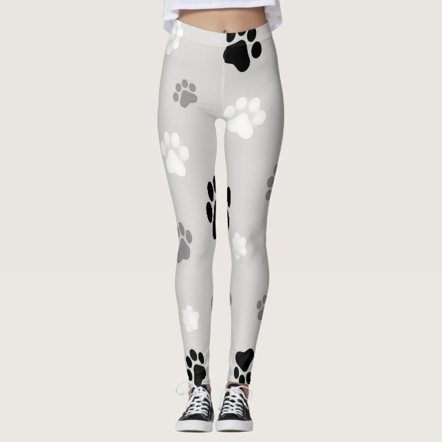 Black, White & Gray Dog Paw Printed Leggings (Front)