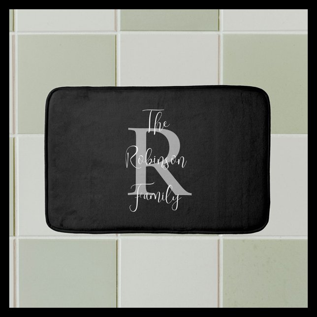 Black White Gray Family Name Classic Monogrammed  Bath Mat (Creator Uploaded)