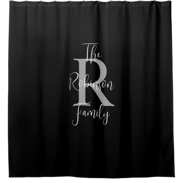 Black White Gray Family Name Monogrammed  Shower Curtain (Front)