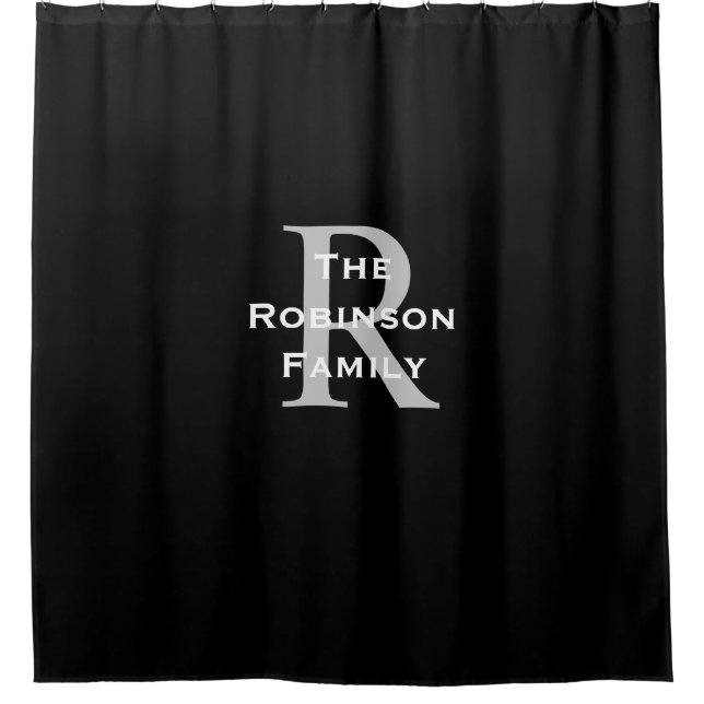 Black White Gray Family Name Monogrammed  Shower Curtain (Front)