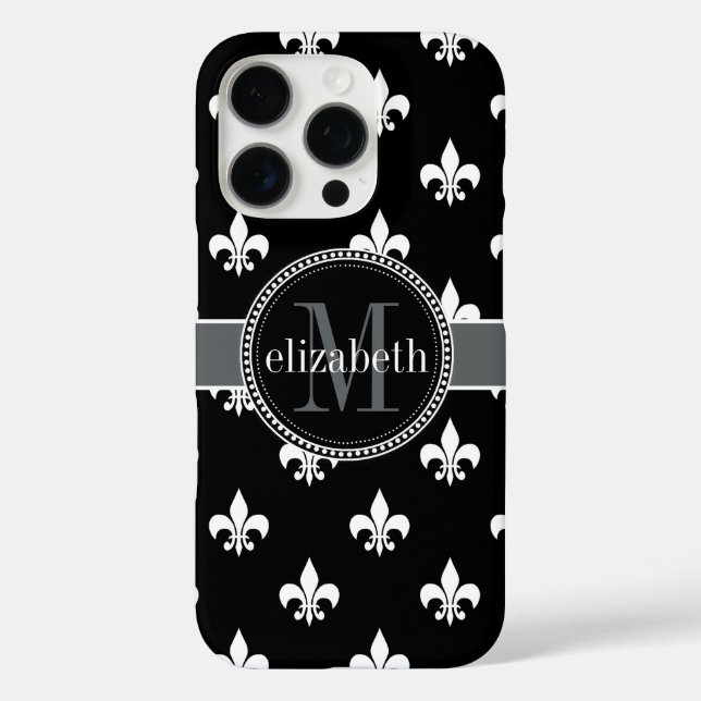 Black White Gray Fleur de Lis Monogram Case-Mate iPhone Case (Back)
