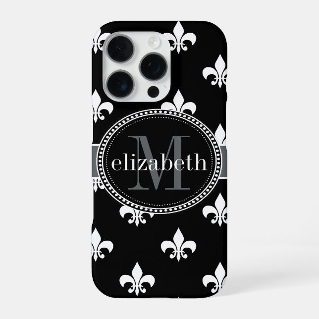 Black White Gray Fleur de Lis Monogram Iphone Case (Back)