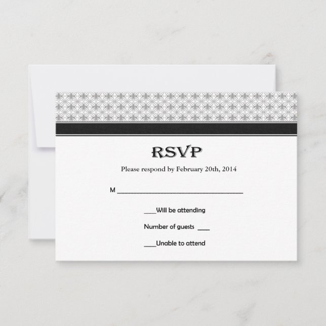 Black White Gray Fleur de Lis Wedding RSVP Cards (Front)