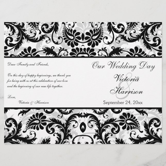 Black, White, Gray Floral Damask Wedding Program (Front)