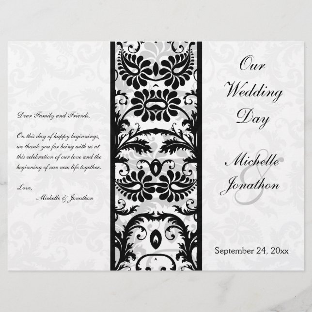 Black, White, Gray Floral Damask Wedding Program (Front)